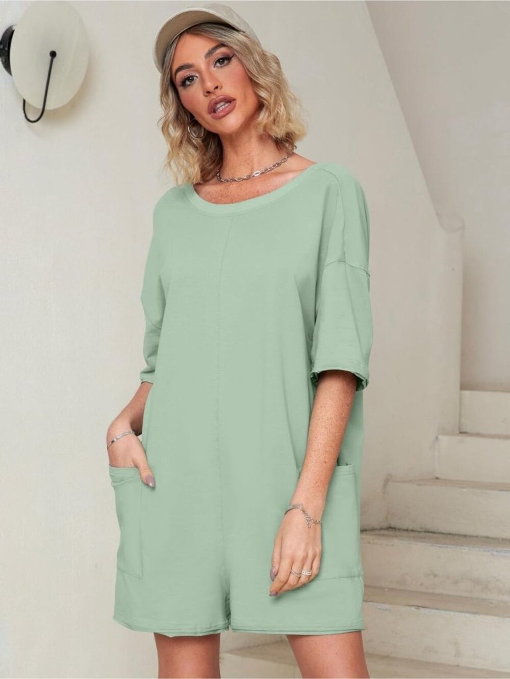 Womens Bean Green Summer Casual Onesie Backless Loose Short Oversized Tee Romper - Picture 2 of 6